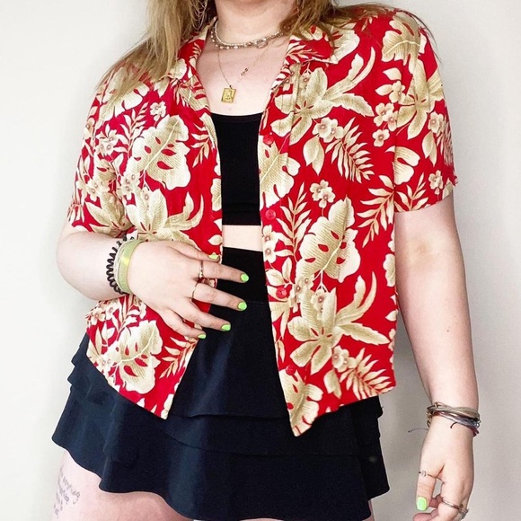 red & tan semi-crop hawaiian print shirt size xxl - Picture 1 of 4